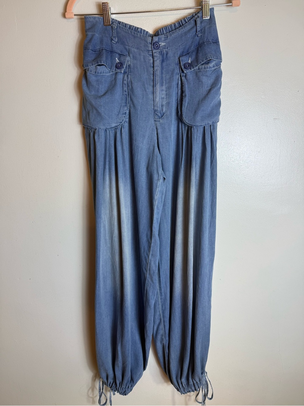 Oli & Hali Womens Chambray Boho Pants Blue Size Small Wide Leg Ankle Tie Beach